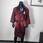Red Shiny Satin Boxing Robe - Muay Thai/Kickboxing Fight Entrance Robe with Black Trim & Patch for Competition/Training Red Shiny Satin Boxing Robe - Muay Thai/Kickboxing Fight Entrance Robe with Black Trim & Patch for Competition/Training