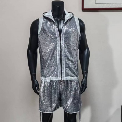 Men's Silver Sequin Vest & Shorts Set