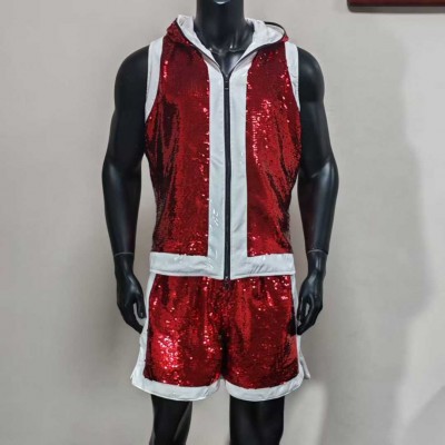 Men's Red Sequin Hooded Vest & Shorts Set