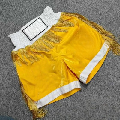 Yellow & White Satin Boxing Shorts with Gold Fringe Kickboxing Muay Thai MMA Fight Trunks