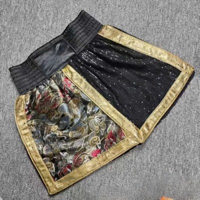 Black & Gold Dragon Brocade Muay Thai Shorts with Sequin Panel Kickboxing MMA Martial Arts Fight Trunks