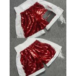 Red Sequin White Trim Boxing Shorts with Fringe Kickboxing Muay Thai MMA Fight Trunks