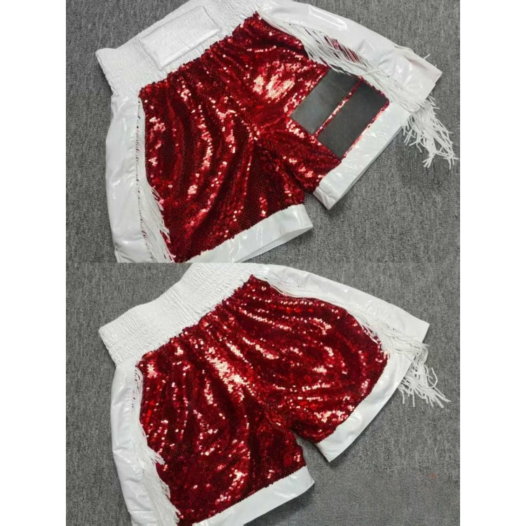 Red Sequin White Trim Boxing Shorts with Fringe Kickboxing Muay Thai MMA Fight Trunks