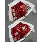Red Sequin White Trim Boxing Shorts with Fringe Kickboxing Muay Thai MMA Fight Trunks