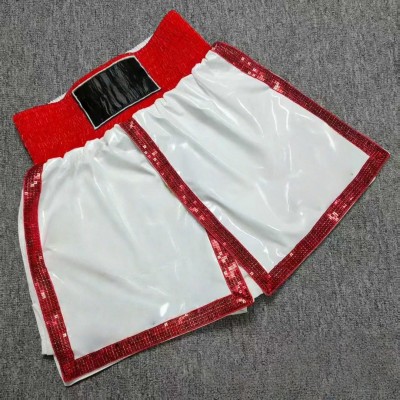 White & Red Sequin Trim Boxing Shorts Kickboxing Muay Thai MMA Fight Trunks