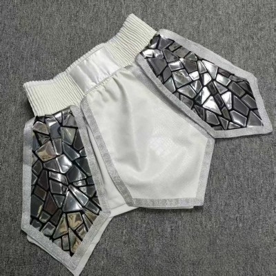 White & Silver Mosaic Panel Boxing Shorts with Glitter Trim Kickboxing Muay Thai MMA Fight Trunks