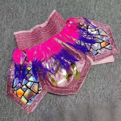 Pink & Rainbow Holographic Mosaic Boxing Shorts with Pink-Purple Fringe Kickboxing Muay Thai MMA Fight Trunks