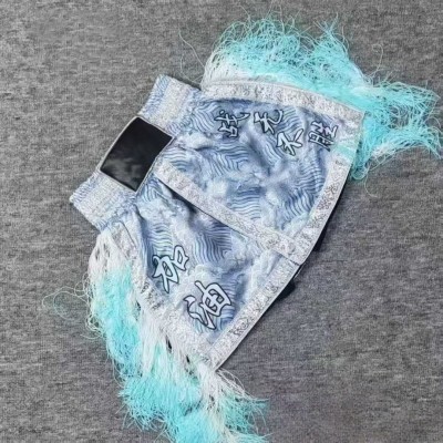 Light Blue Holographic Muay Thai Shorts White Fringe Kickboxing MMA Fight Trunks