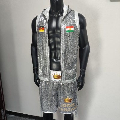 Silver Sequin Boxing Walkout Set Fight Trunks & Vest