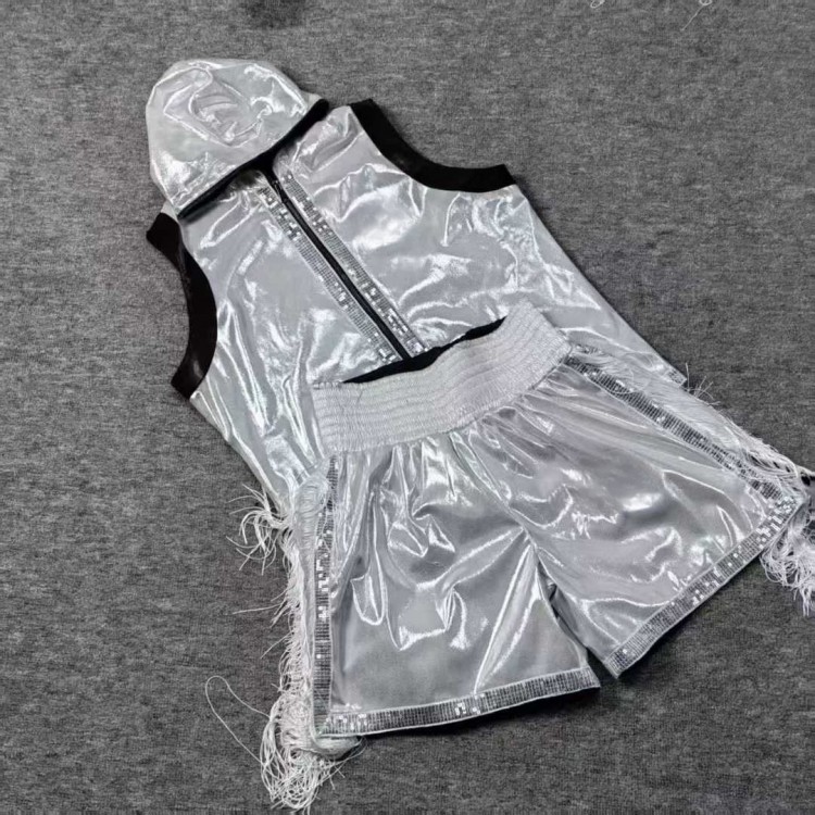 White Shiny Boxing Walkout Set Fight Trunks & Vest White Shiny Boxing Walkout Set Fight Trunks & Vest
