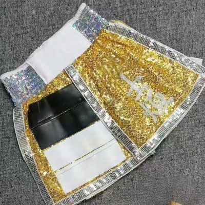 Gold Sequin Boxing Shorts Silver Trim Fight Trunks