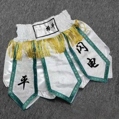 White Brocade Boxing Shorts With Gold Fringe Fight Trunks