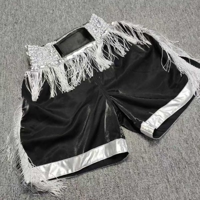 Black Boxing Shorts with Silver Fringe Fight Trunks