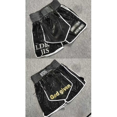 Black Sequin Boxing Shorts Fight Trunks