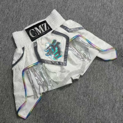 White Brocade Boxing Shorts Iridescent Trim Fight Trunks