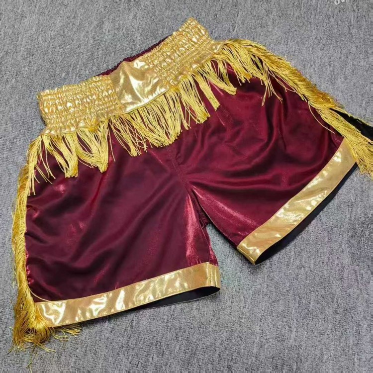 Burgundy Boxing Shorts with Gold Fringe Accents Fight Trunks Burgundy Boxing Shorts with Gold Fringe Accents Fight Trunks