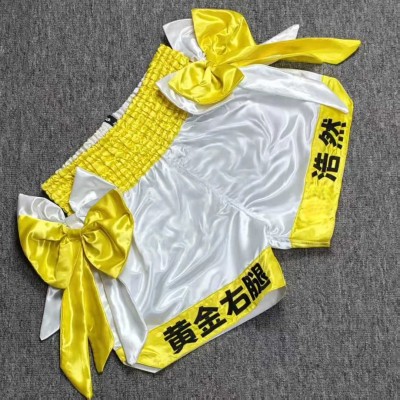 White & Yellow Boxing Shorts with Bow Accents Fight Trunks