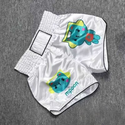 White Satin Boxing Shorts with Cute Cartoon Accents Fight Trunks Customization