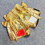 Golden Shiny Muay Thai Boxing Outfit Men Women's Kickboxing Vest & Shorts Set, Martial Arts Competition Costume