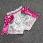 Satin Muay Thai Shorts with Pink Bows - Custom Name Embroidery, White Kickboxing Martial Arts Trunks, Feminine Fight Gear