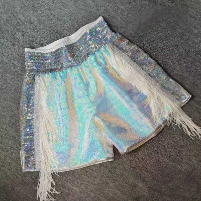 Holographic Sequin Boxing Shorts with Tassels - Sparkly Muay Thai Trunks, Festival Rave Fight Gear, Customizable Performance Shorts