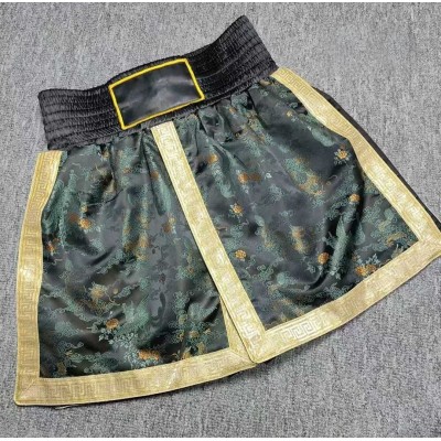 Chinese Dragon Phoenix Muay Thai Shorts - Black Satin Martial Arts Trunks with Gold Trim, Custom Name Boxing Fight Gear for Men/Women