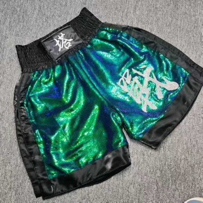 Green Holographic Sequin Muay Thai Shorts - Custom  Embroidery, Black Trim Martial Arts Boxing Trunks, Shiny Fight Gear for Men/Womenomen