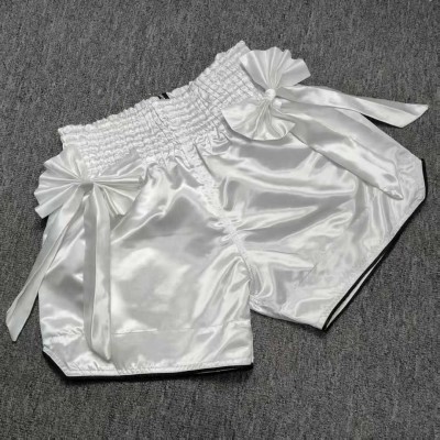 Women's White Satin Muay Thai Shorts with Large Bows - Elegant Martial Arts Trunks, Customizable Boxing Fight Gear, Shiny Kickboxing Shorts