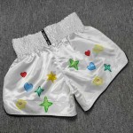 Custom Embroidered Muay Thai Shorts for Women - White Satin with Prints, Retro Boxing Trunks, Gym/Training/Fight Wear