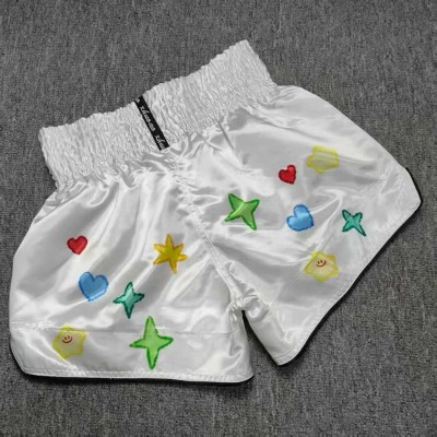 Custom Embroidered Muay Thai Shorts for Women - White Satin with Prints, Retro Boxing Trunks, Gym/Training/Fight Wear