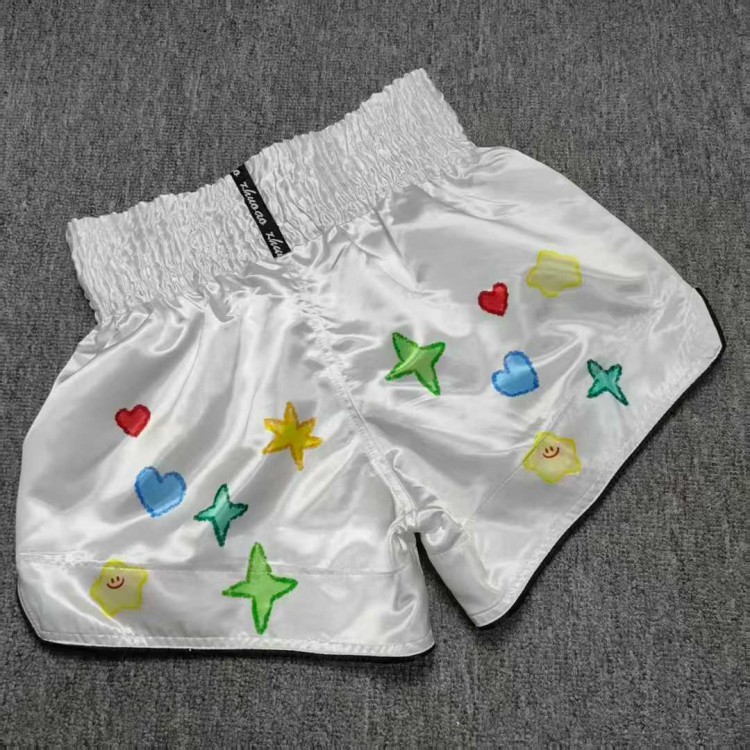 Custom Embroidered Muay Thai Shorts for Women - White Satin with Prints, Retro Boxing Trunks, Gym/Training/Fight Wear