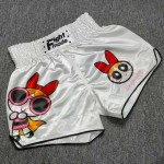 Custom Embroidered Muay Thai Shorts for Women - White Satin with Prints, Retro Boxing Trunks, Gym/Training/Fight Wear