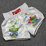 Custom Embroidered Muay Thai Shorts for Women - White Satin with Prints, Retro Boxing Trunks, Gym/Training/Fight Wear