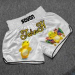 Custom Embroidered Muay Thai Shorts for Women - White Satin with Prints, Retro Boxing Trunks, Gym/Training/Fight Wear