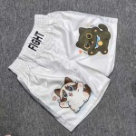 Custom Embroidered Muay Thai Shorts for Women - White Satin with Prints, Retro Boxing Trunks, Gym/Training/Fight Wear