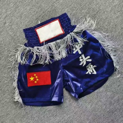 Muay Thai Shorts Satin Fringe Boxing Trunks MMA Fight Gear Embroidery
