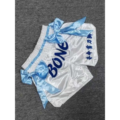 White Satin Muay Thai Shorts with Blue Bows  MMA Boxing Trunks Fight Gear