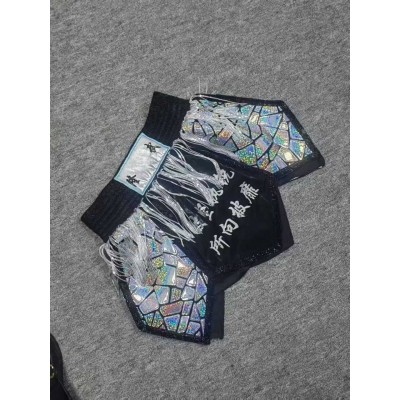 Black Holographic Muay Thai Shorts with Silver Fringe MMA Boxing Trunks Fight Gear