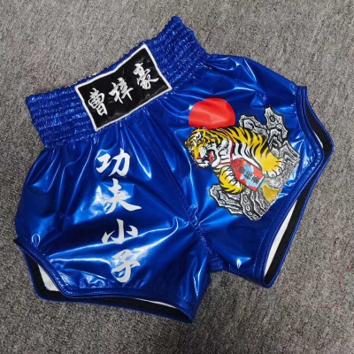 Royal Blue Satin Muay Thai Shorts Tiger Graphic MMA Boxing Trunks Fight Gear