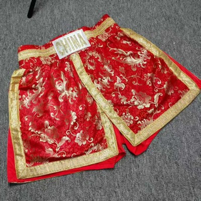 Red & Gold Chinese Brocade Muay Thai Shorts MMA Boxing Trunks Fight Gear