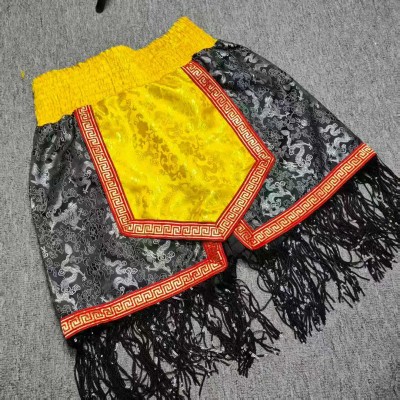 Black & Gold Dragon Brocade Muay Thai Shorts Yellow Panel Red Trim Black Fringe MMA Boxing Trunks Fight Gear