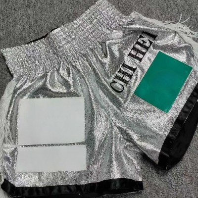 Glamorous Silver Metallic Boxing Shorts with Tassels Fight Wear for Boxing/Muay Thai Enthusiasts, Stage Performance & Street Style