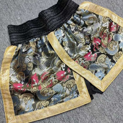 Luxury Dragon Print Muay Thai Shorts with Gold Trim, Traditional Chinese Brocade Boxing Trunks - Fight Gear for Kickboxing, Martial Arts Competition & Training