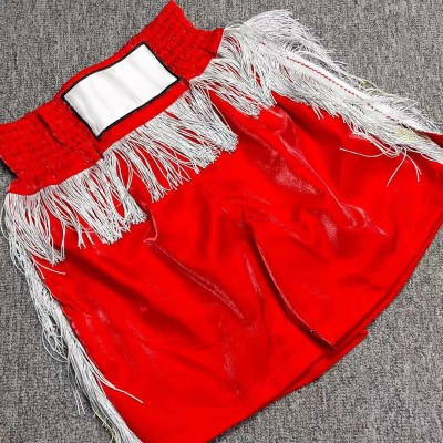 Men's Red Boxing Trunks with White Fringes, Retro Style Fight Shorts for Boxing/Training, High-Shine Athletic Wear with Customizable Patch