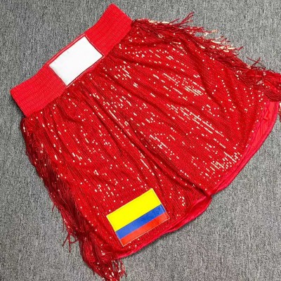 Men's Red Sequin Boxing Trunks with Fringes Fight Shorts for Boxing/Muay Thai, High-Shine Athletic Wear