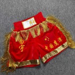 Luxury Red & Gold Custom Boxing Trunks with Embroidery, Fringe Detail - Perfect for Boxing Matches & Training, Authentic Fighter Style Luxury Red & Gold Custom Boxing Trunks with Embroidery, Fringe Detail - Perfect for Boxing Matches & Training, Authentic Fighter Style