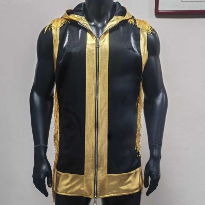 Black & Gold Fringe Hooded Vest