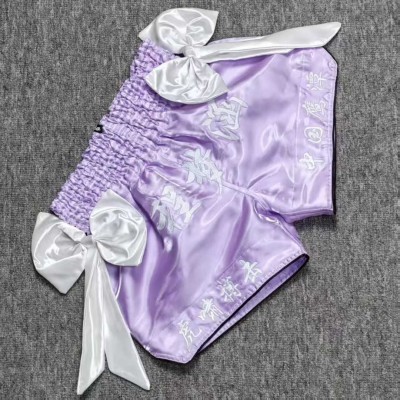 Lavender Satin Muay Thai Shorts with Big White Bows Fight Trunks for Women, Unique Combat Sport Gear