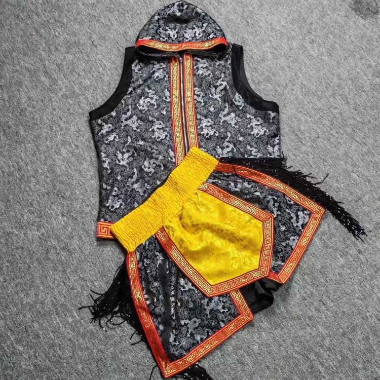 Chinese Dragon Print Sleeveless Hooded Vest + Fringe Shorts Set Chinese Dragon Print Sleeveless Hooded Vest + Fringe Shorts Set