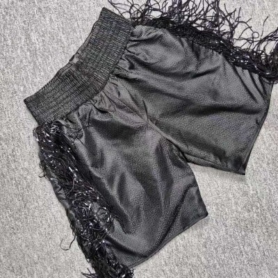 Black Fringe Sequin Boxing Shorts with Geometric Pattern - Satin Fabric, Elastic Waist, Perfect for Performance & Fashion